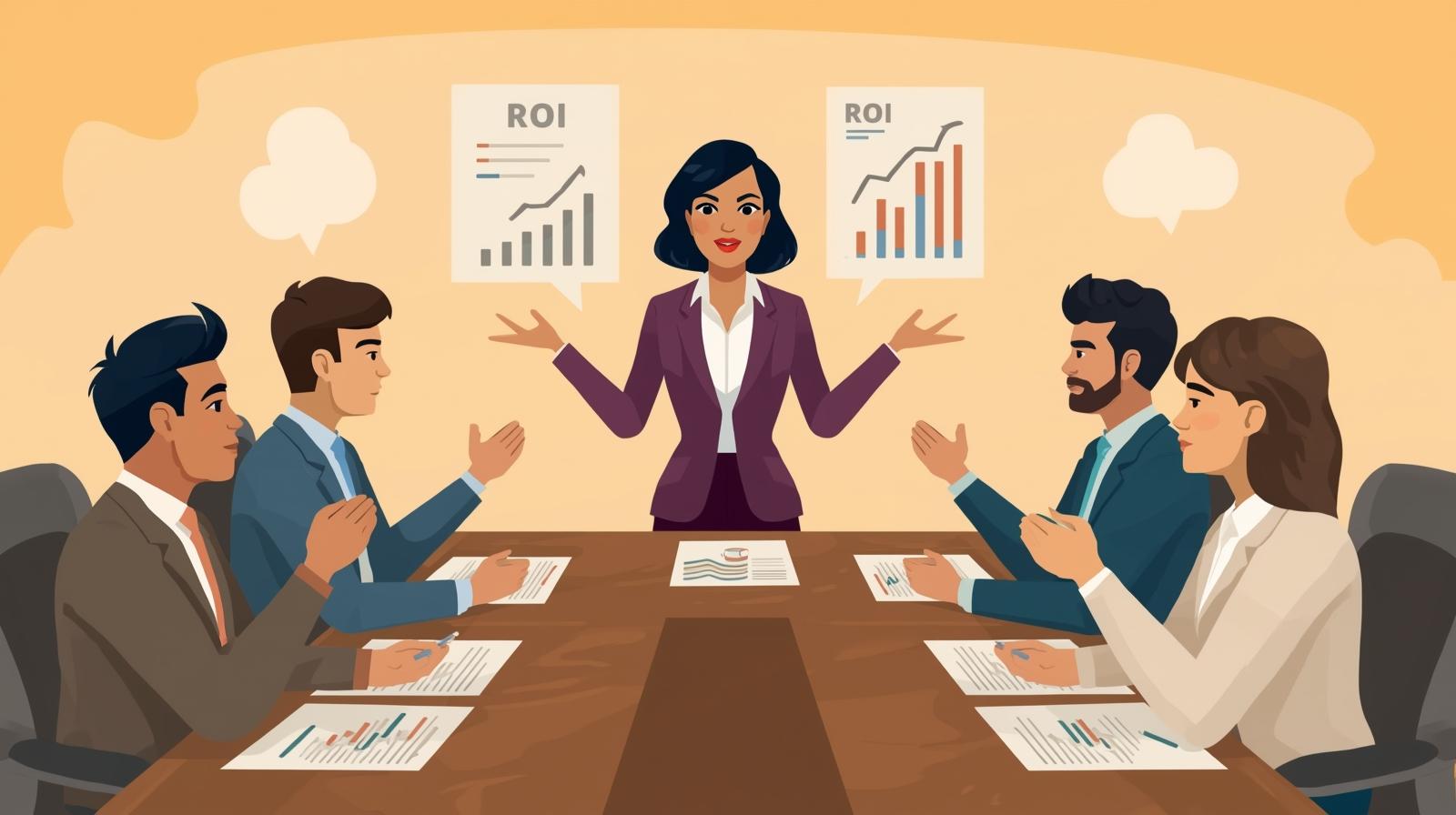 Business professional presenting AI strategy to board members