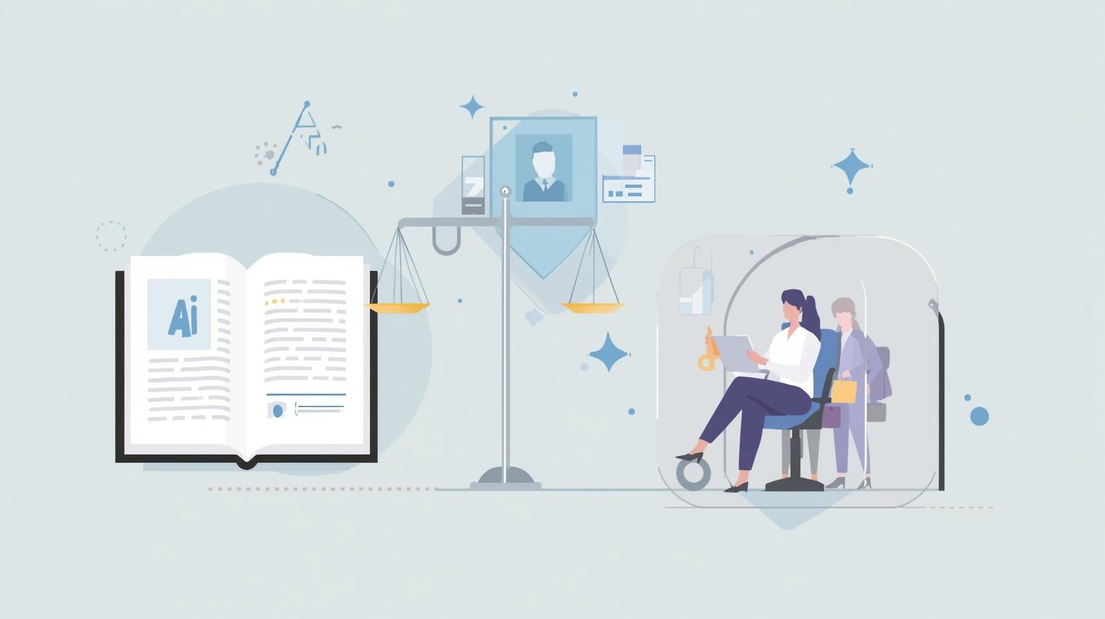 Balanced scales with AI circuit patterns symbolizing employment law and technology integration