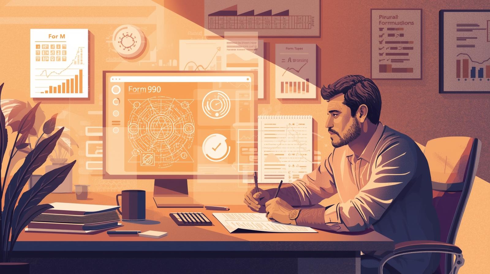 Form 990 tax documents with AI technology overlay representing the intersection of tax compliance and artificial intelligence
