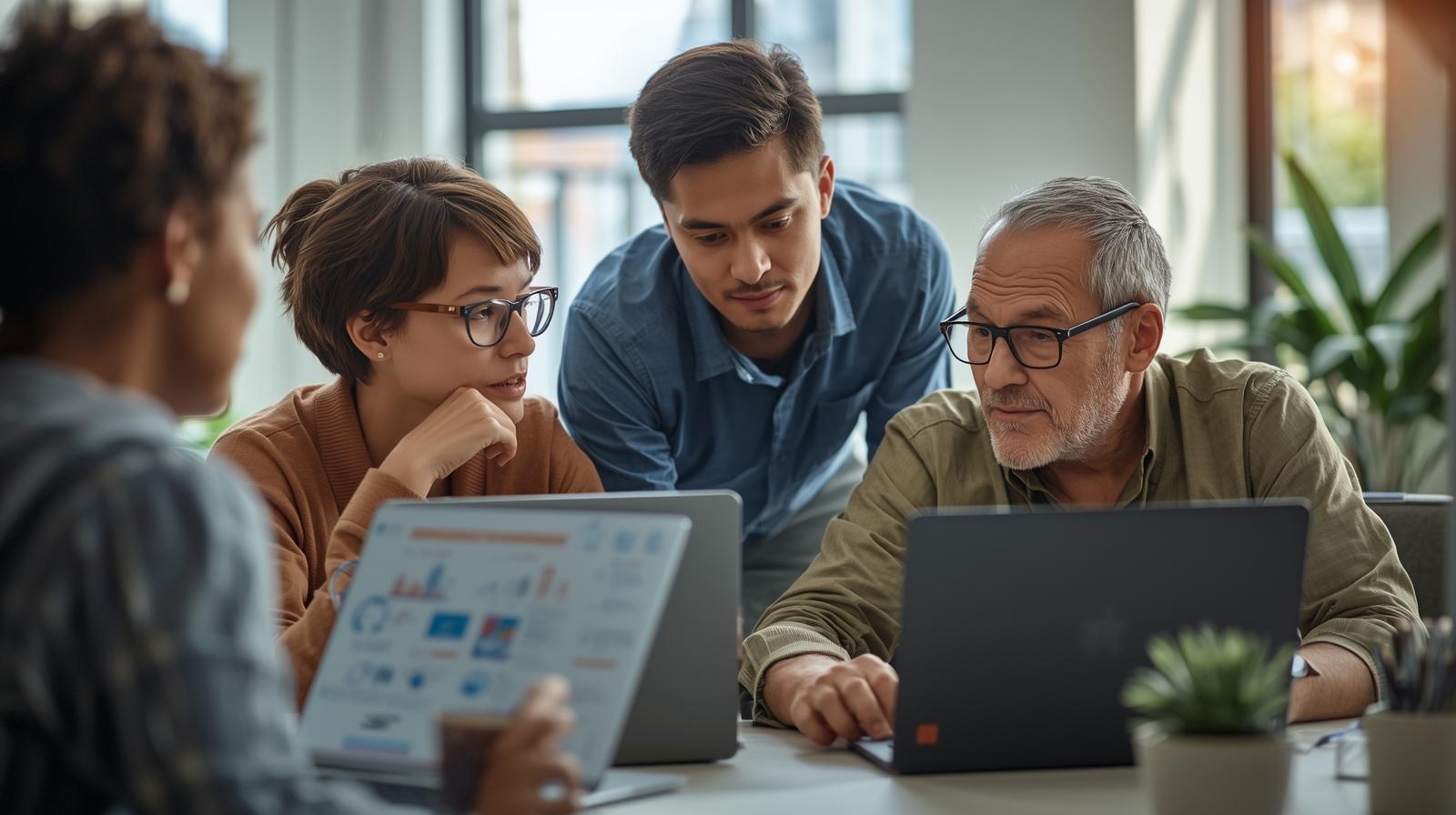 Diverse team members of different ages collaborating on AI training and technology learning