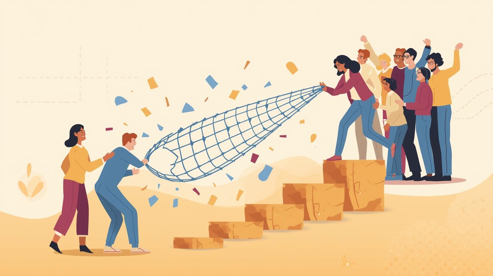 Illustration of a safety net catching falling AI elements, representing psychological safety in experimentation