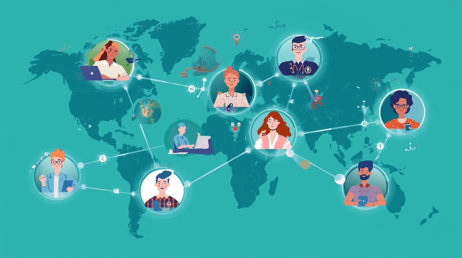 Team members collaborating virtually across different locations using AI-powered tools