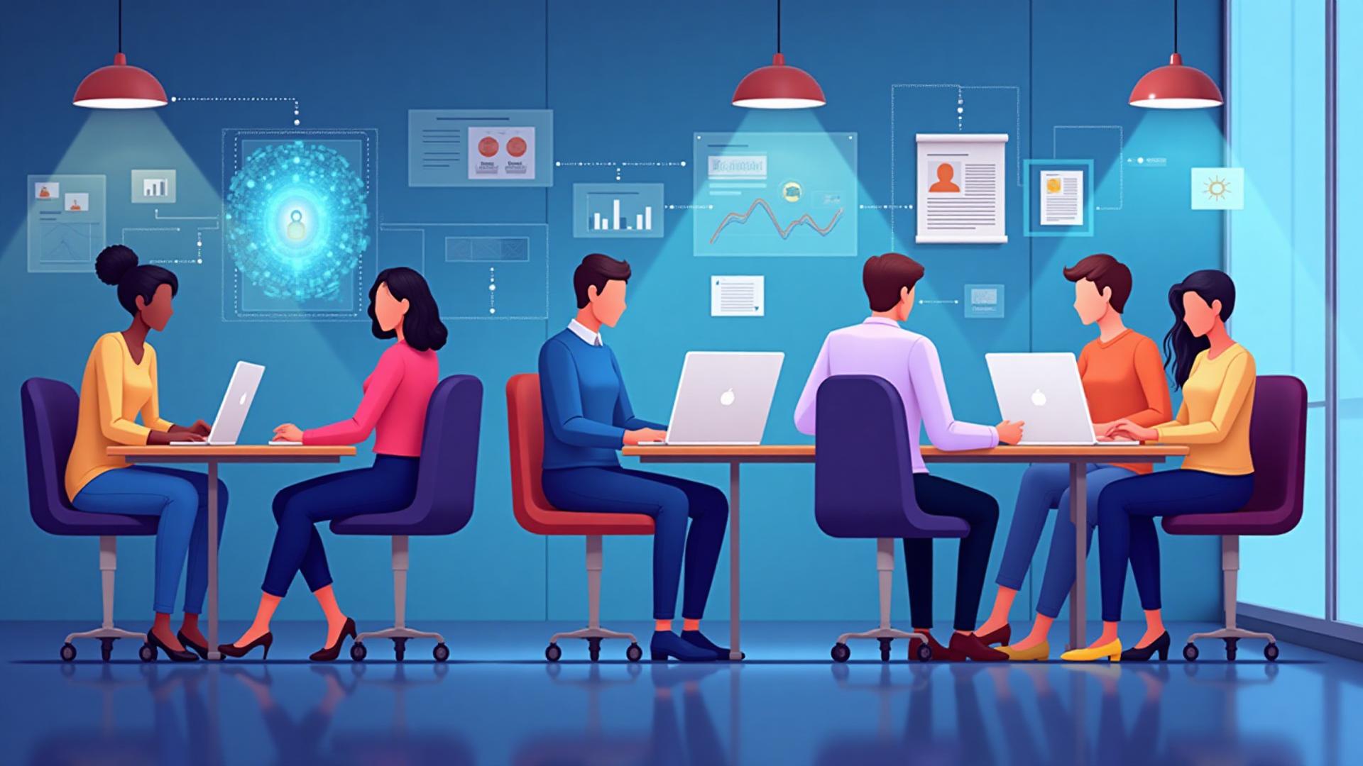 Human staff collaborating with AI agents in a modern nonprofit workspace