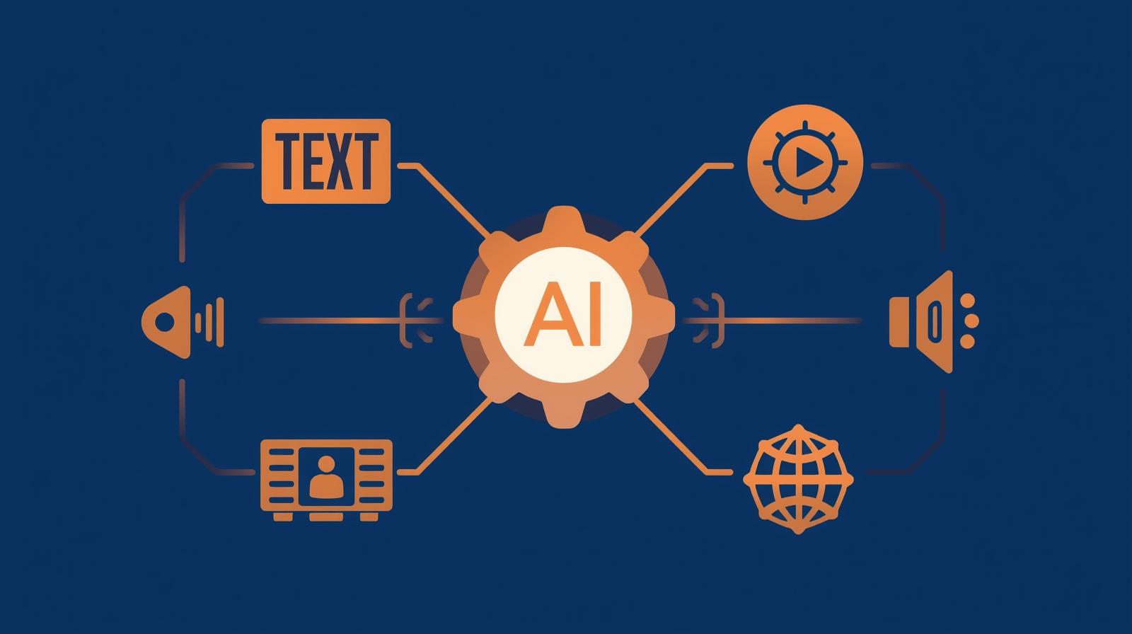 Visual representation of multimodal AI combining text, images, voice, and video